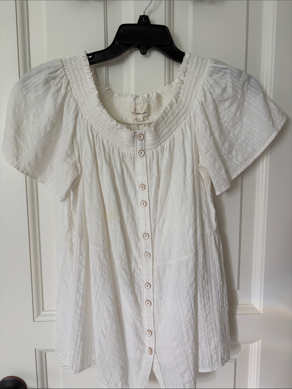 Anthropologie White Smocked Square-Neck Button Front Top